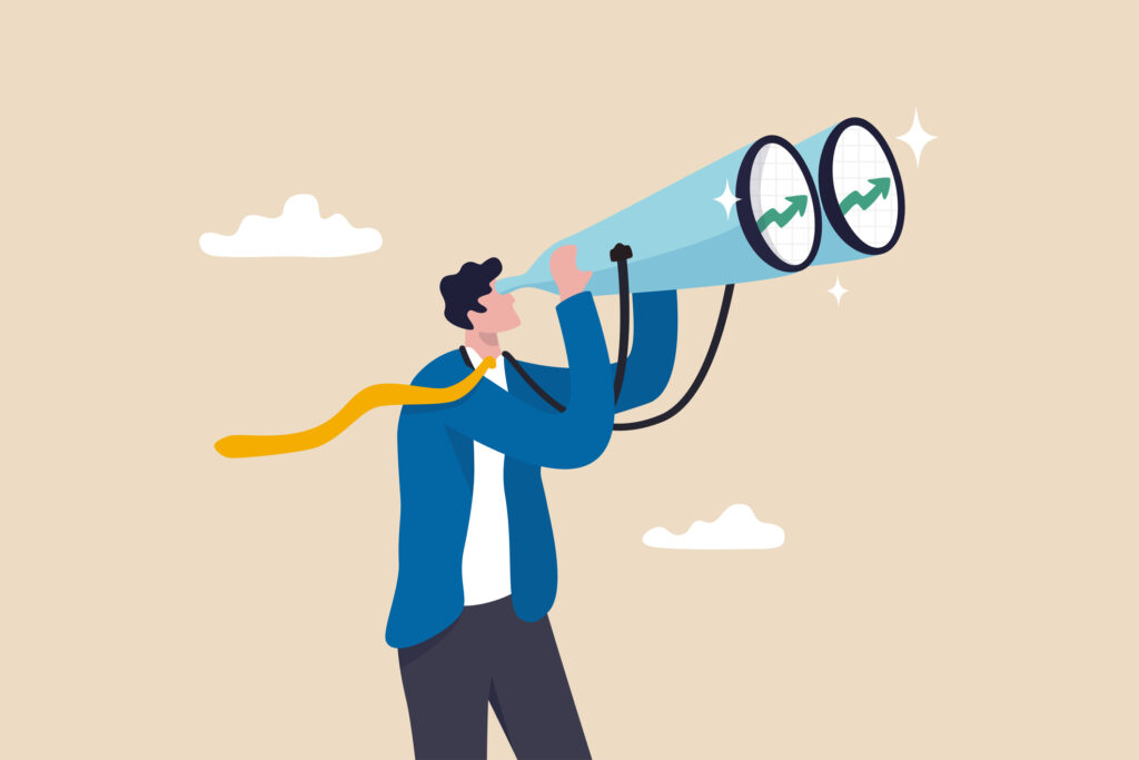 Animated Man Looking Through Binoculars at Future eCommerce Fulfillment Trends.