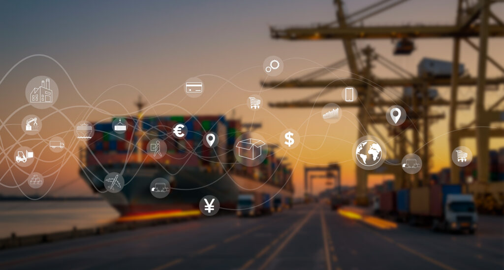 Logistics and Bi-Coastal Fulfillment shipping concepts. Responsible transportation and delivery of products. Blurred background of a ship unloading containers
