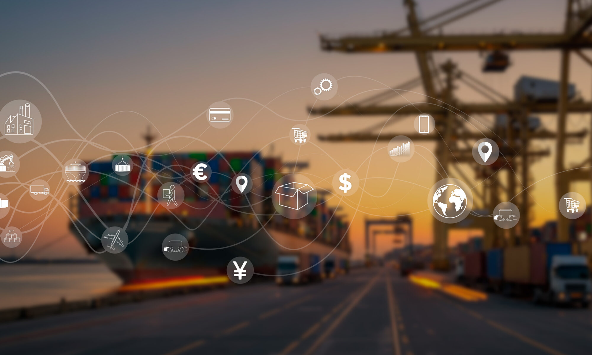 Logistics and Bi-Coastal Fulfillment shipping concepts. Responsible transportation and delivery of products. Blurred background of a ship unloading containers